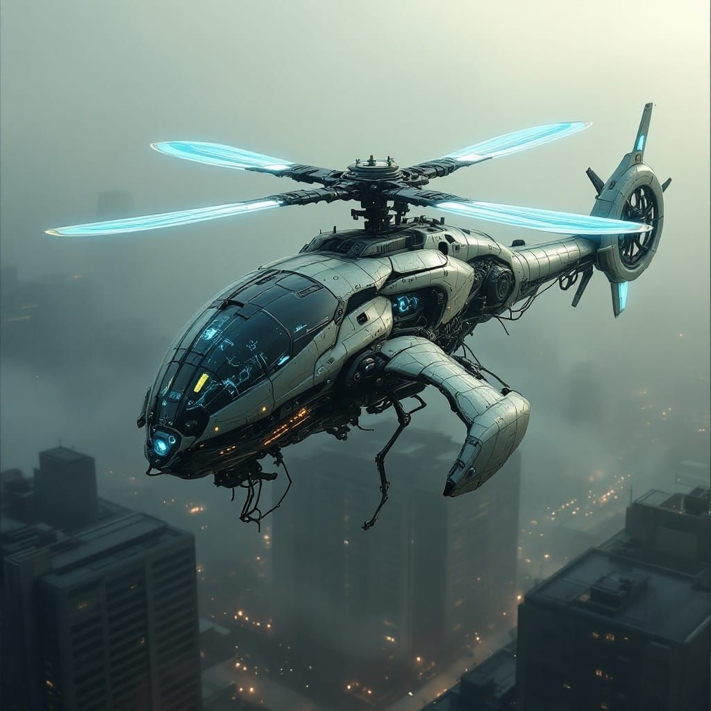 Cybernetic Helicopter Soars in Dystopian Cityscape