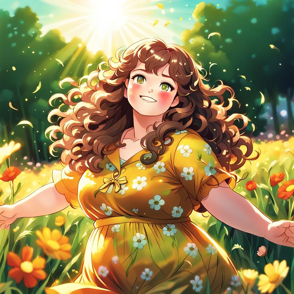 Cheerful Woman Dancing in Flower Field: Manga Anime Art