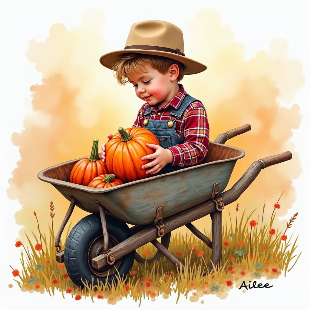 Cozy Boy with Pumpkin in Watercolor Painting