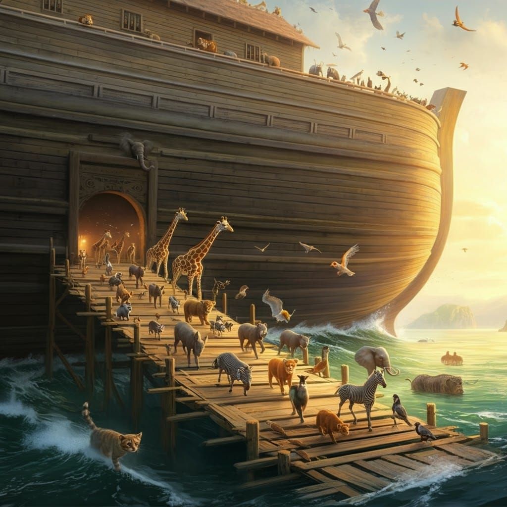 Noah's Ark: Animals Ascend in Dreamlike Style