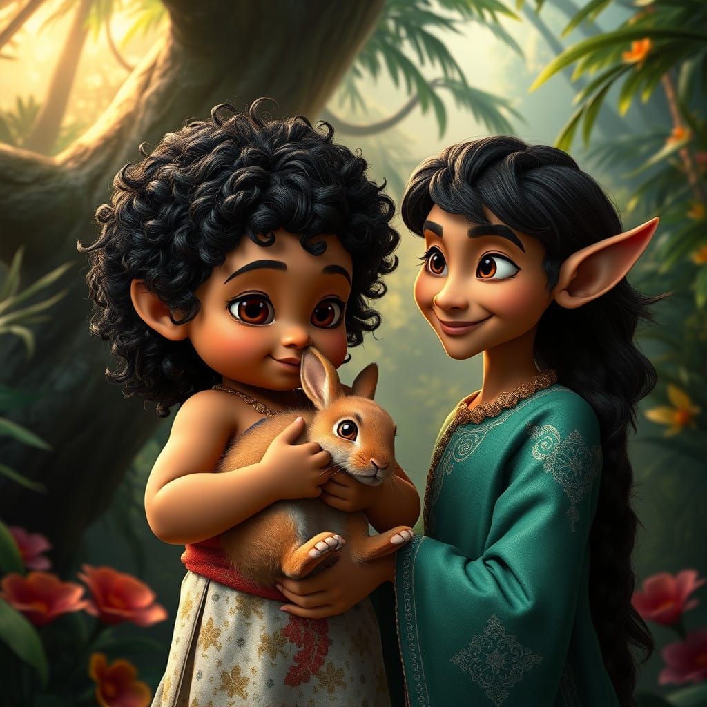 Cherubic Baby Moana and Elf in Whimsical Jungle Scene