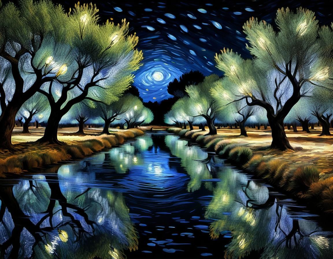 Fireflies shining in a field of olive trees in Provence