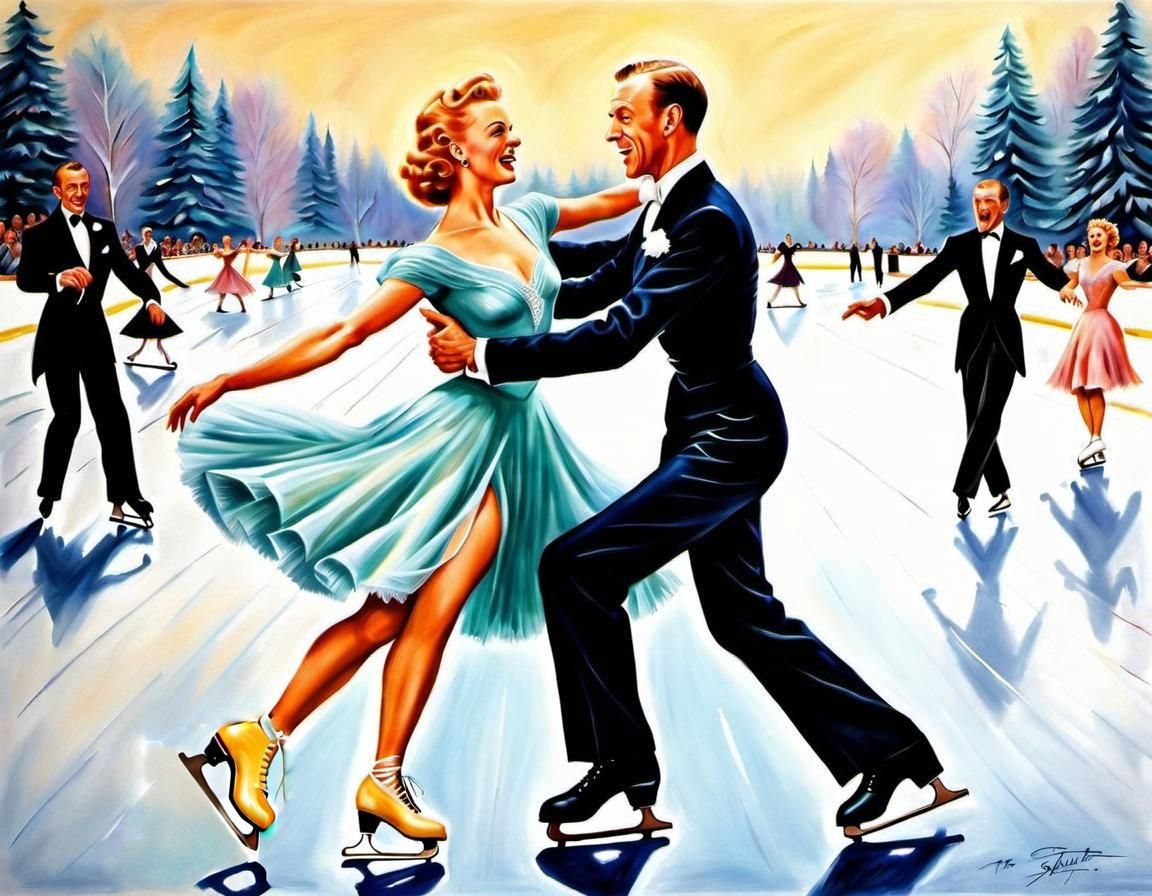 Ginger Rogers and Fred Astaire Ice Skating in Pastel