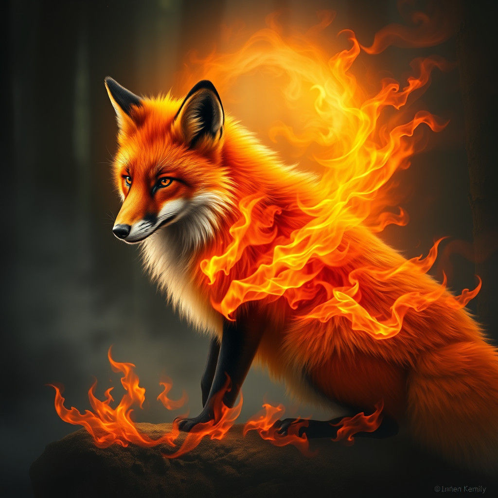 Flaming Fox in Misty Forest, Dramatic Lighting