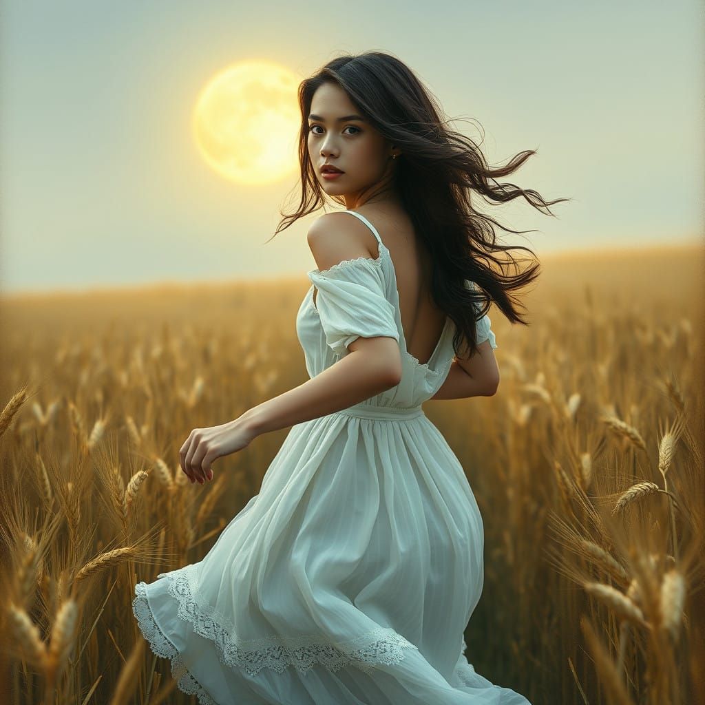 Enchanted Moonlit Wanderer in Golden Wheat