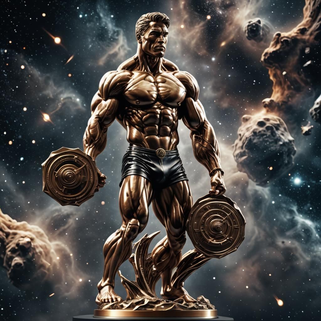 Hyperrealistic Bodybuilder Trophy in Space