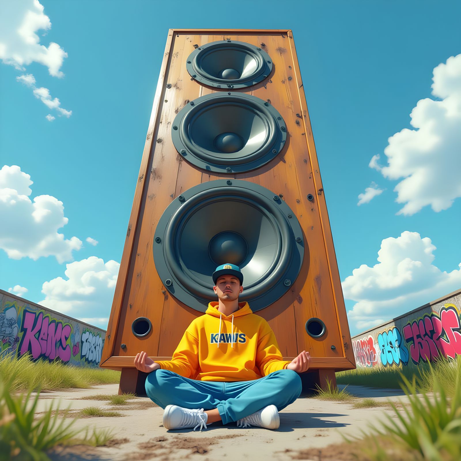 Hip Hop Meditator Before Giant Vibrating Speaker