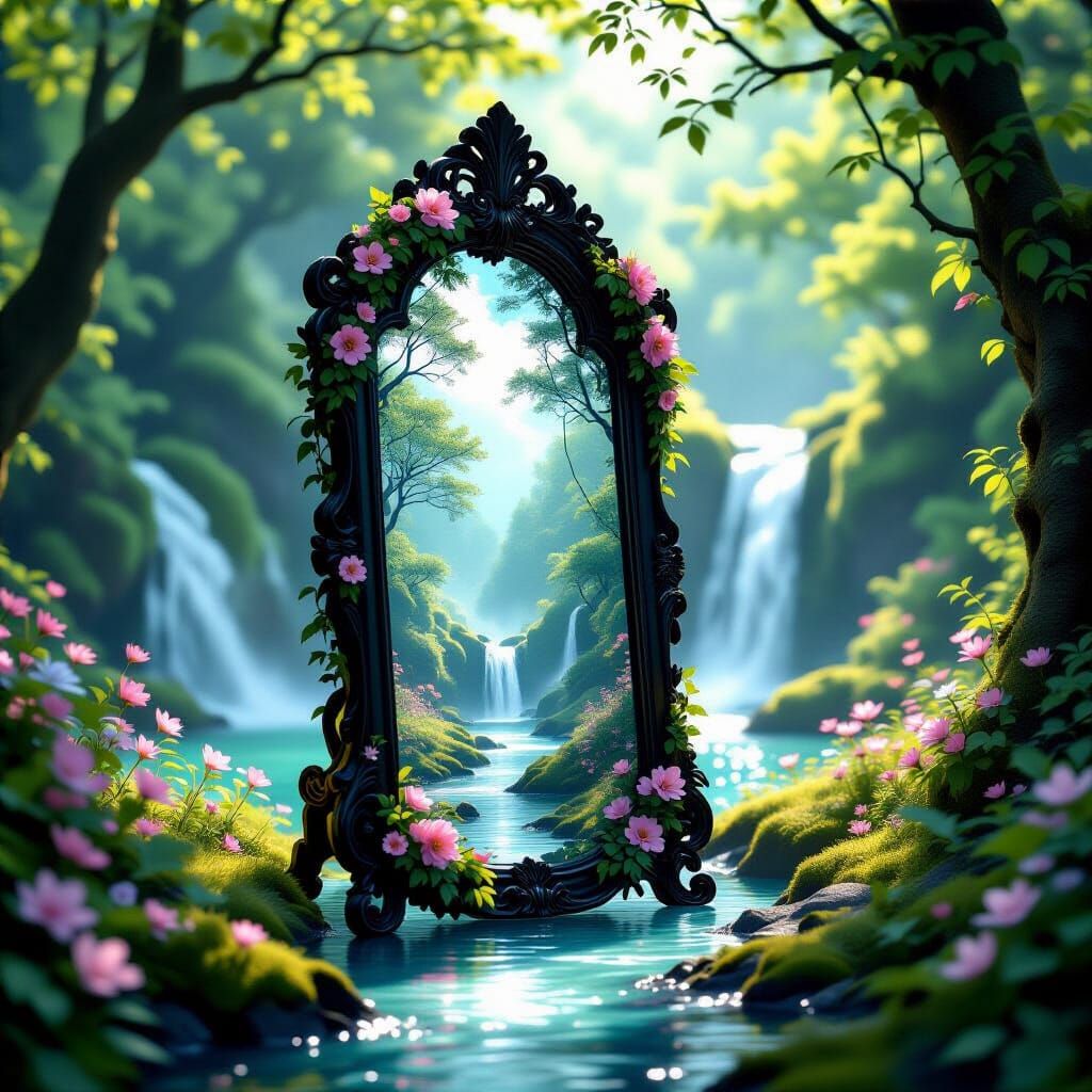 Mystical Mirror in Lush Spring Forest