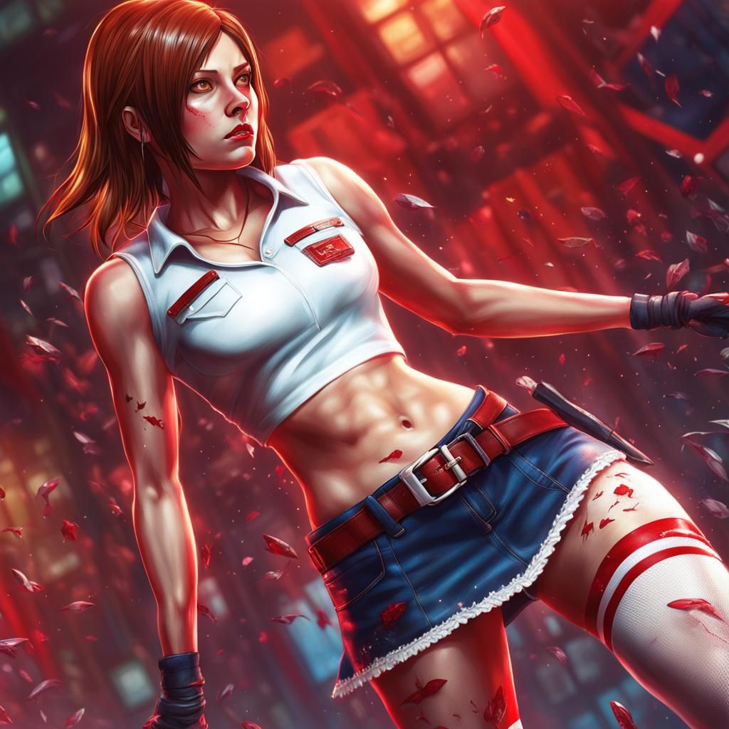 Claire Redfield in miniskirt and white stockings