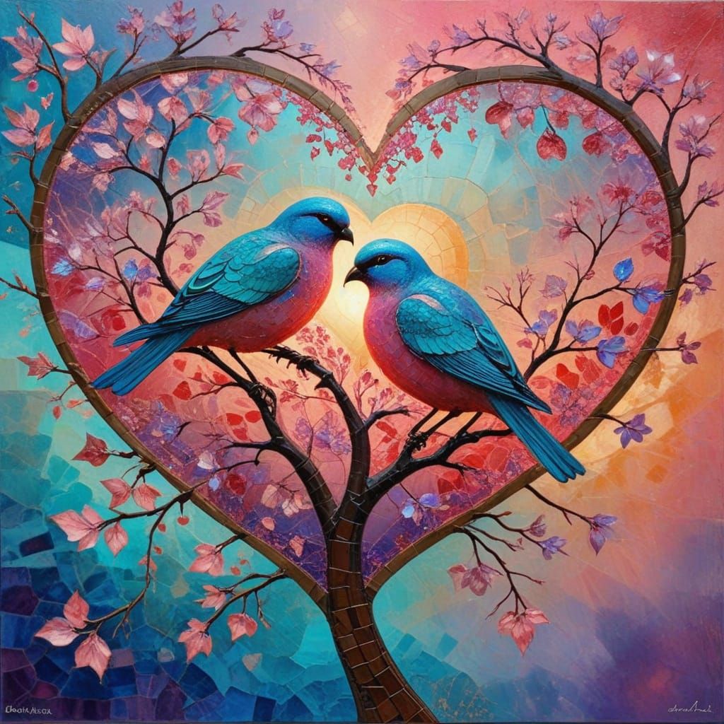 Surrealistic Masterpiece of Love Birds in a Tree
