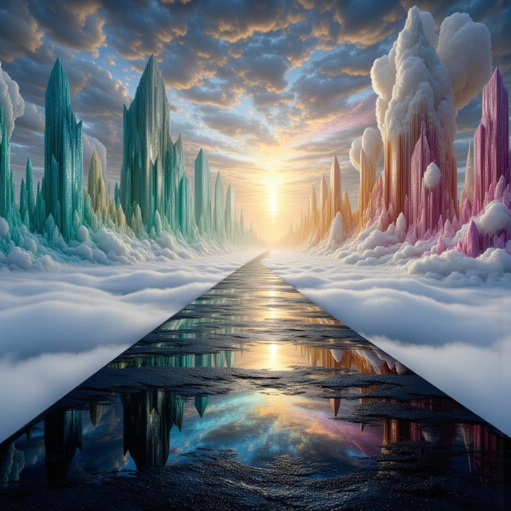 Surreal Cloudscape with Futuristic Highway and Crystal Forma...