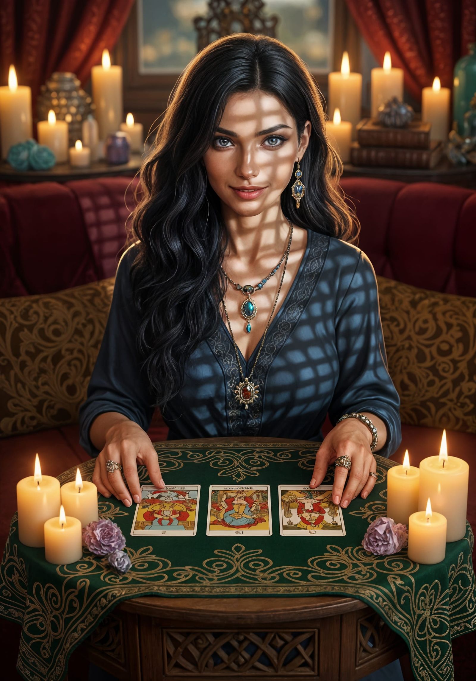 Mysterious Tarot Reader in Candlelit Booth