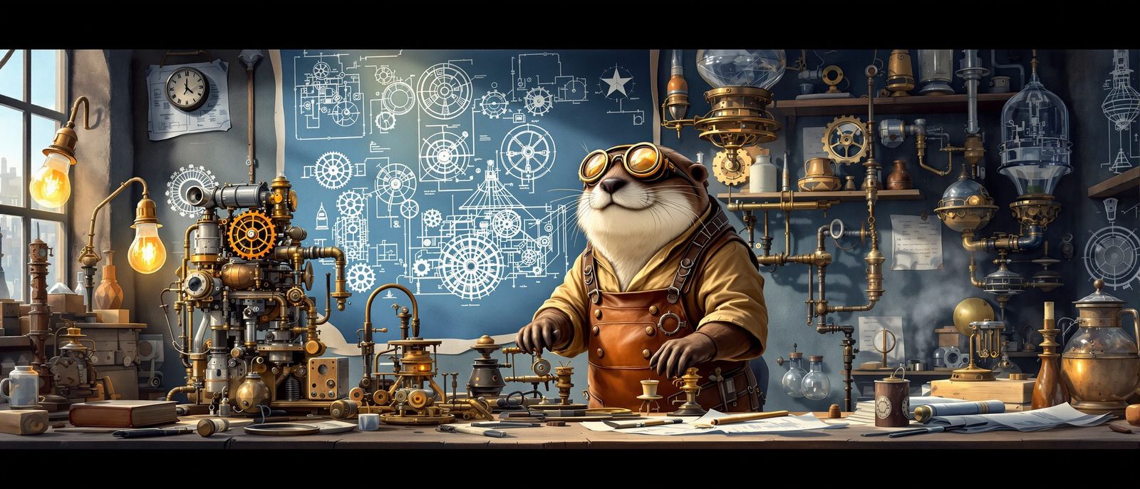 Steampunk Otter Inventor in Watercolor Style