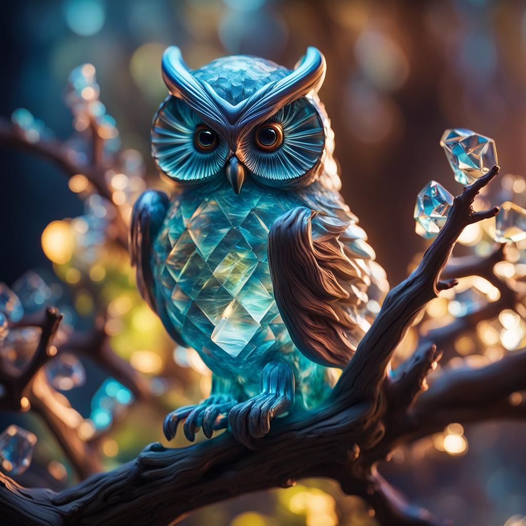 Bioluminescent Glass Owl on Crystal Oak Branch