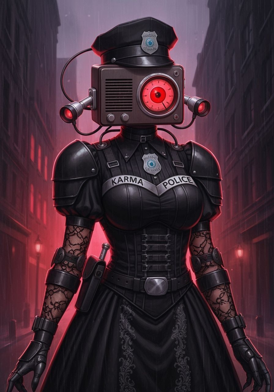 Gothic Anime Officer with Radio Head in Moody Cityscape