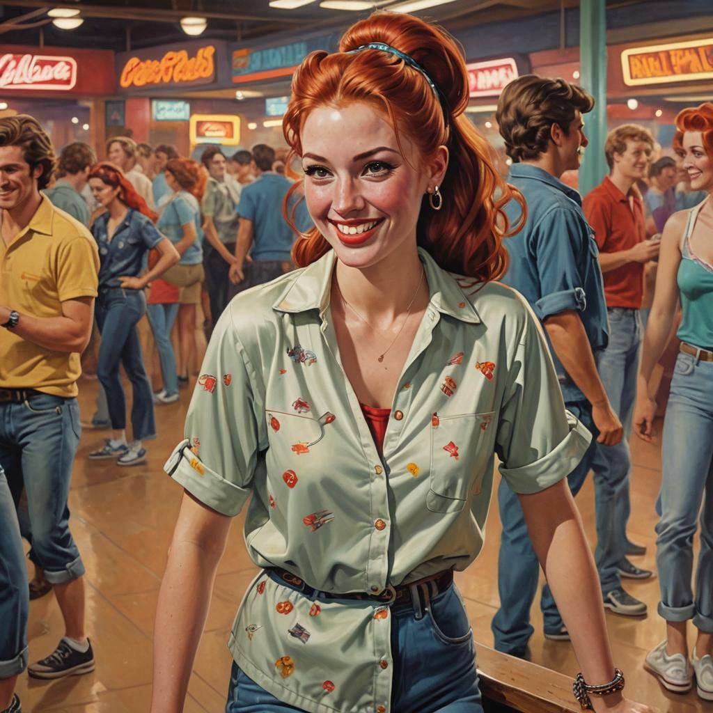 Smiling Redhead at Roller Disco: Pin-Up Fashion
