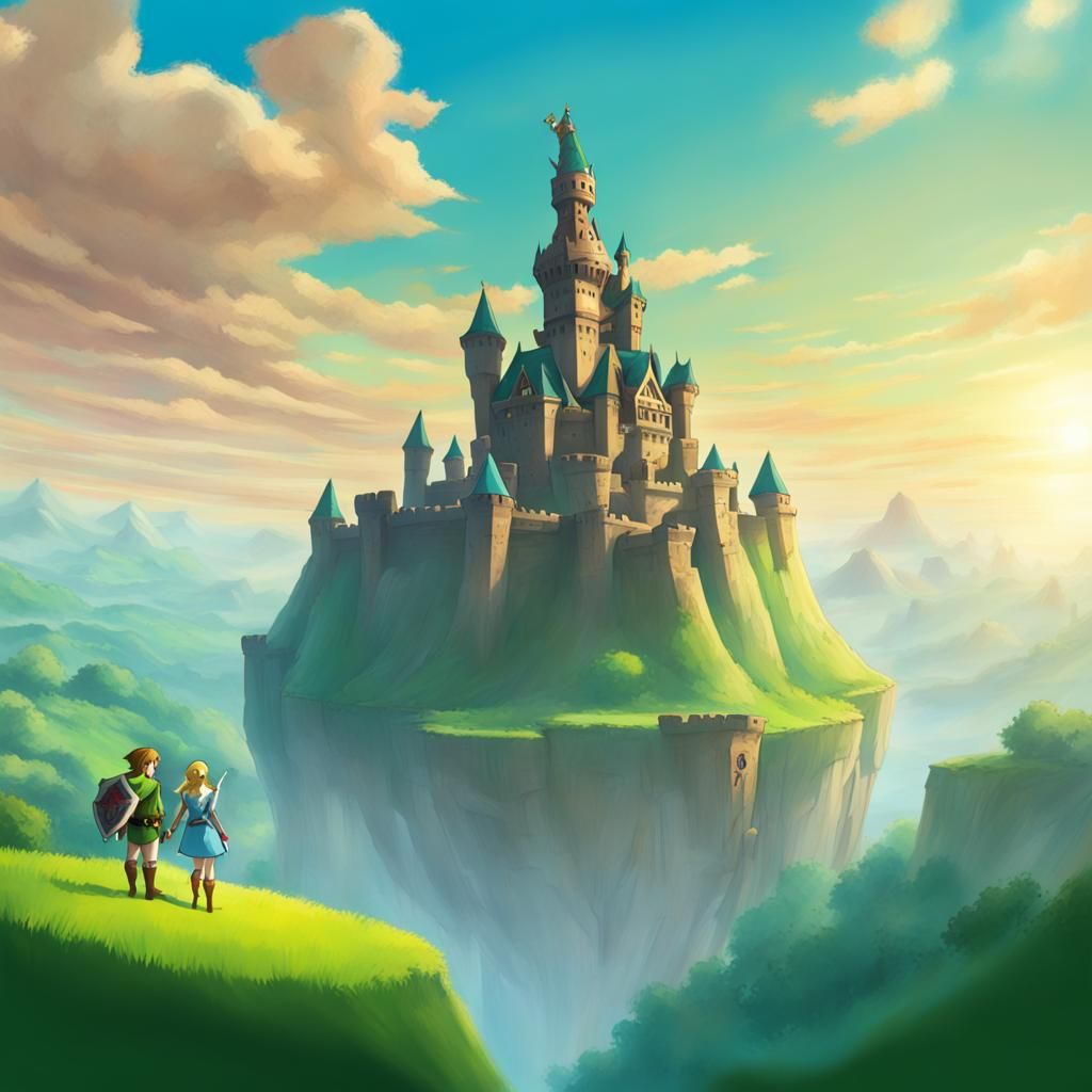 Floating Hyrule Castle with Link and Zelda