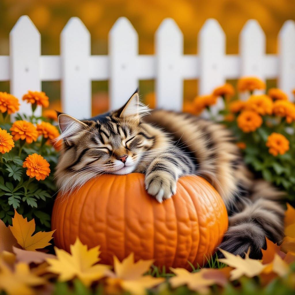 Fluffy Tabby Cat Sleeps on Pumpkin in Golden Hour Autumn Sce...
