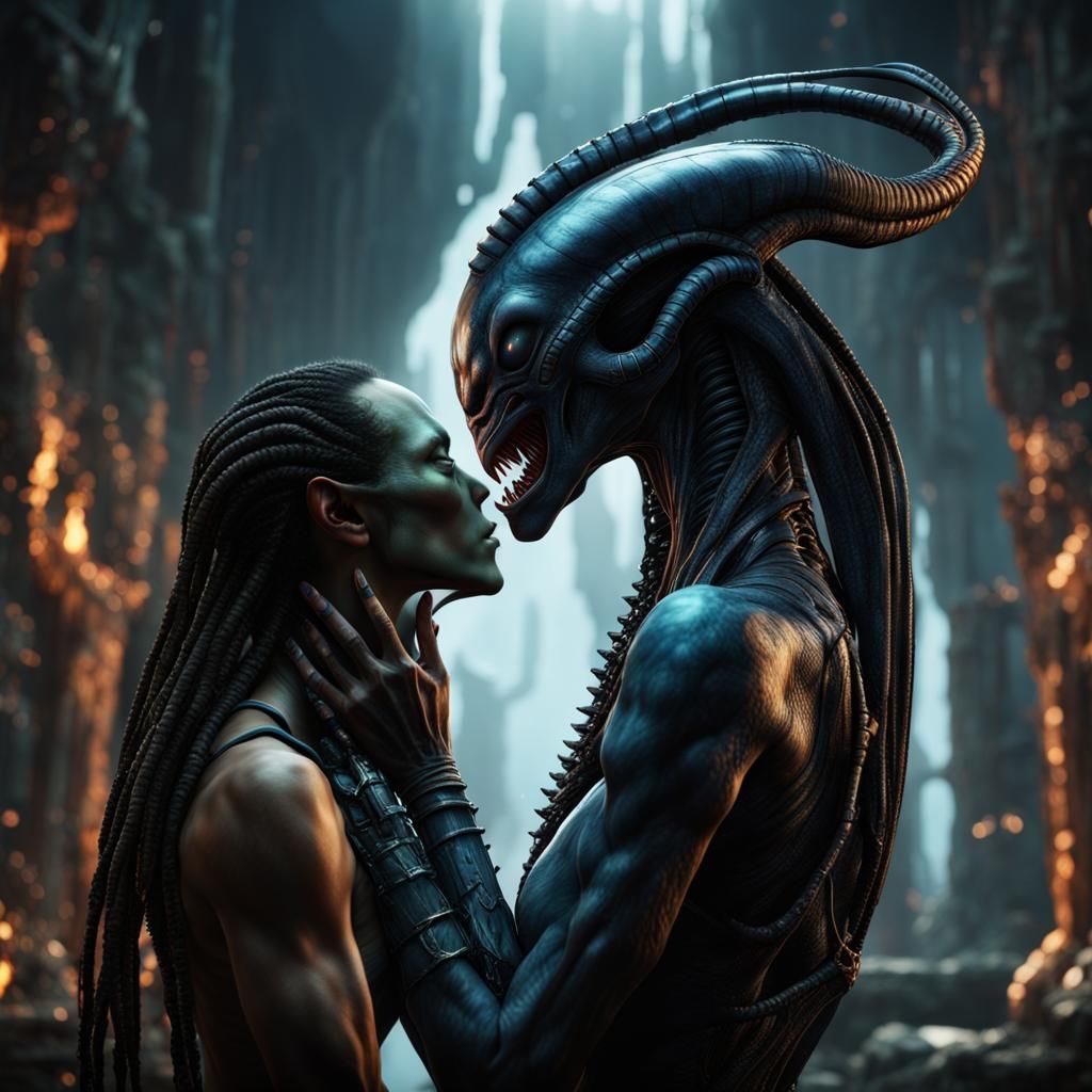Passionate Alien Xenomorph Kiss: Detailed Fantasy Art