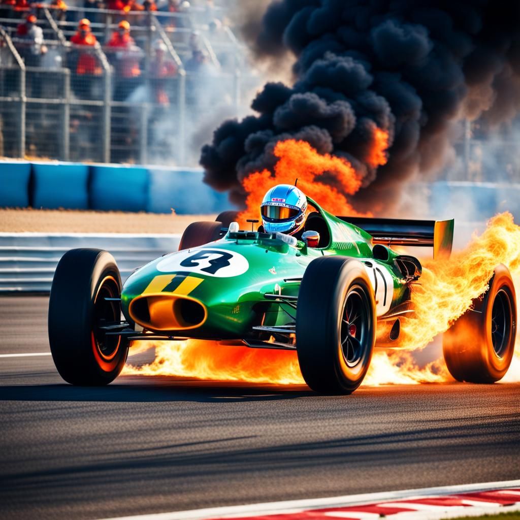 Racing Car Engulfed in Flames on Fire Bursting Track