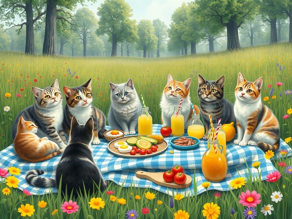 Whimsical Cats and Kids Picnic in a Green Meadow
