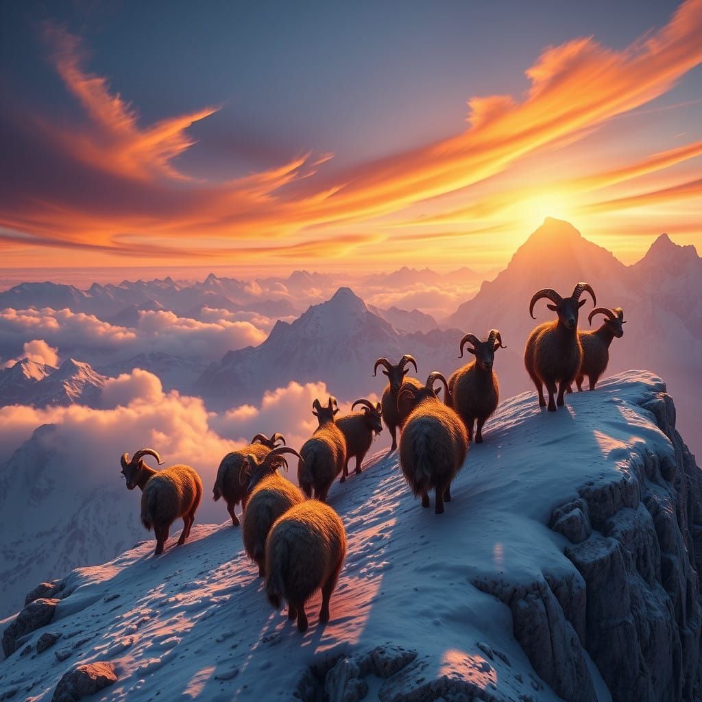 Majestic Mountain Goats Ascend Snow-Crowned Peaks in Fantasy...