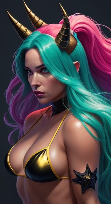Wrestling Woman with Horns in Splash Art Style