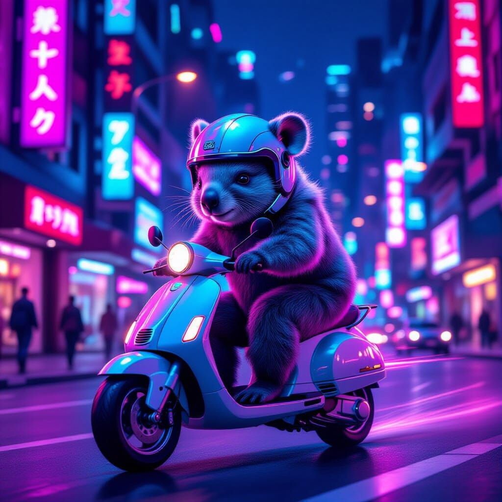 Fluffy Wombat Rides Hover-Scooter in Neon City