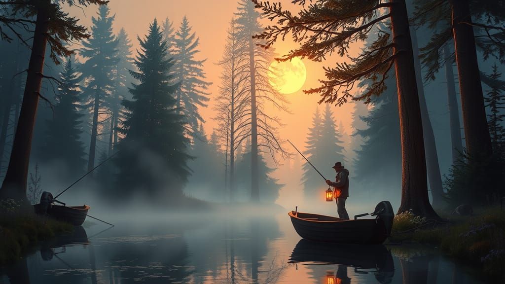 Mystical Angler in Forest at Twilight