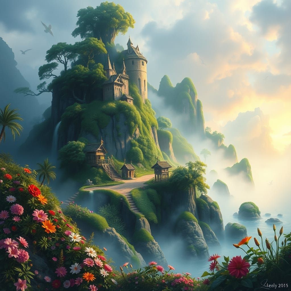 Ethereal Paradise Island in Dreamy Gouache Watercolor Style