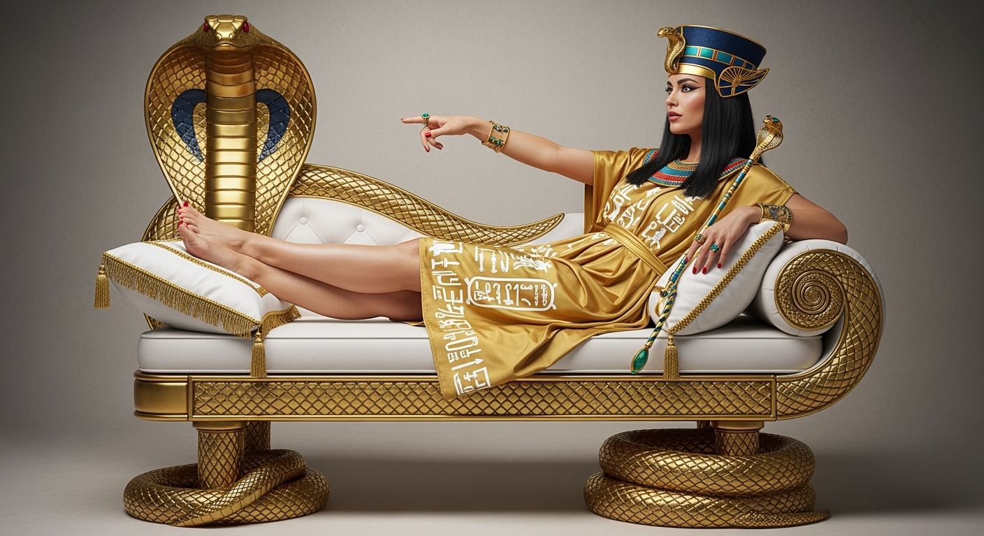 Egyptian Queen on Golden Cobra Chaise Lounge