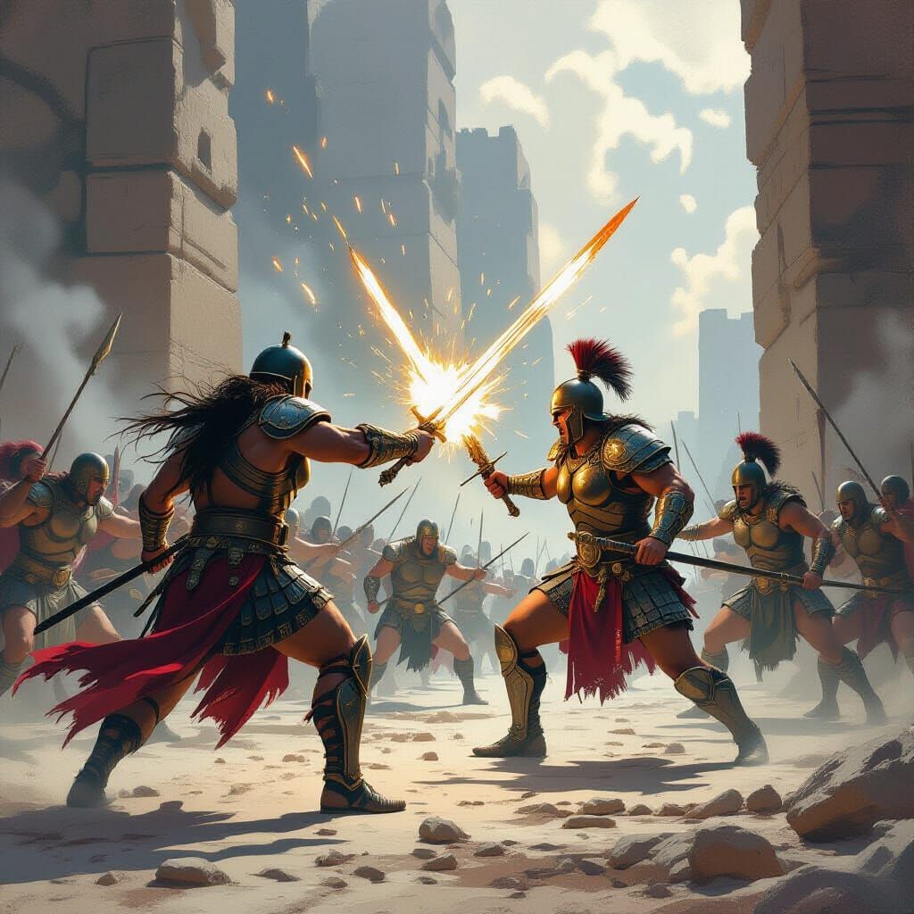 Ancient Warriors Clash Under Dramatic Lighting