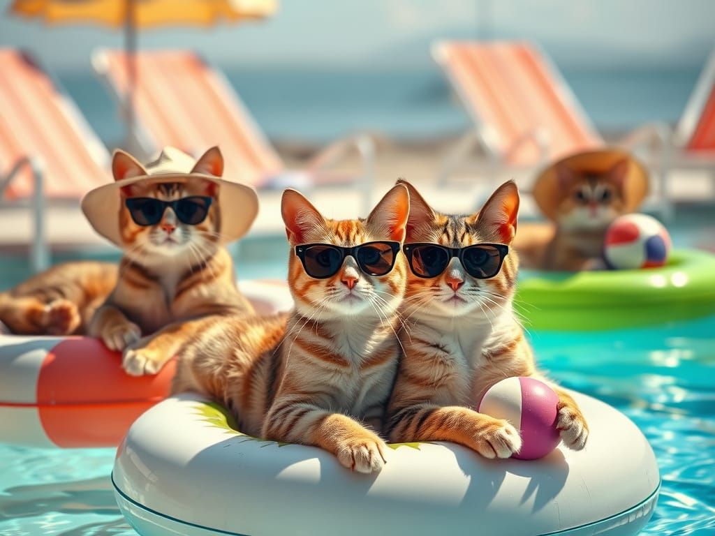 Cats Lounging in Pool, Photorealistic Summer Scene