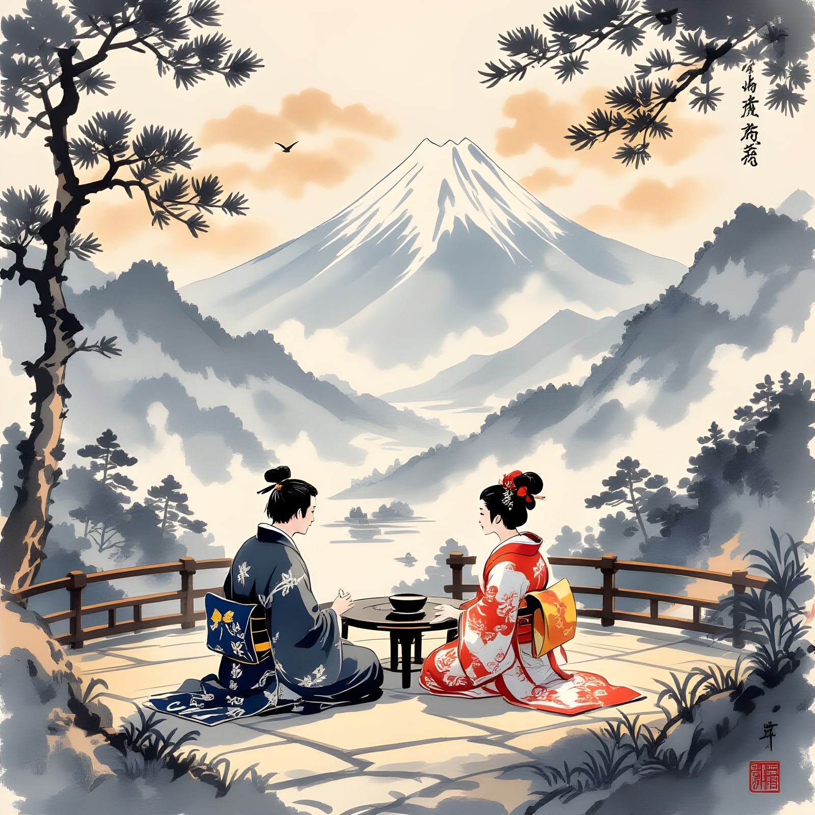 Tea Ceremony in Mountain Valley, Japanese Ink Painting