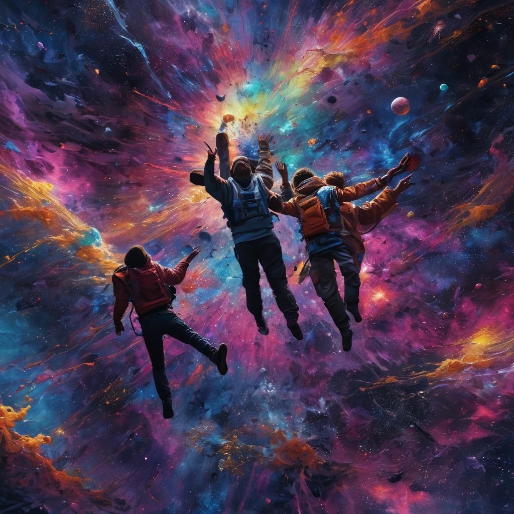 Cosmic Travelers in Expressive Fauvist Galaxy