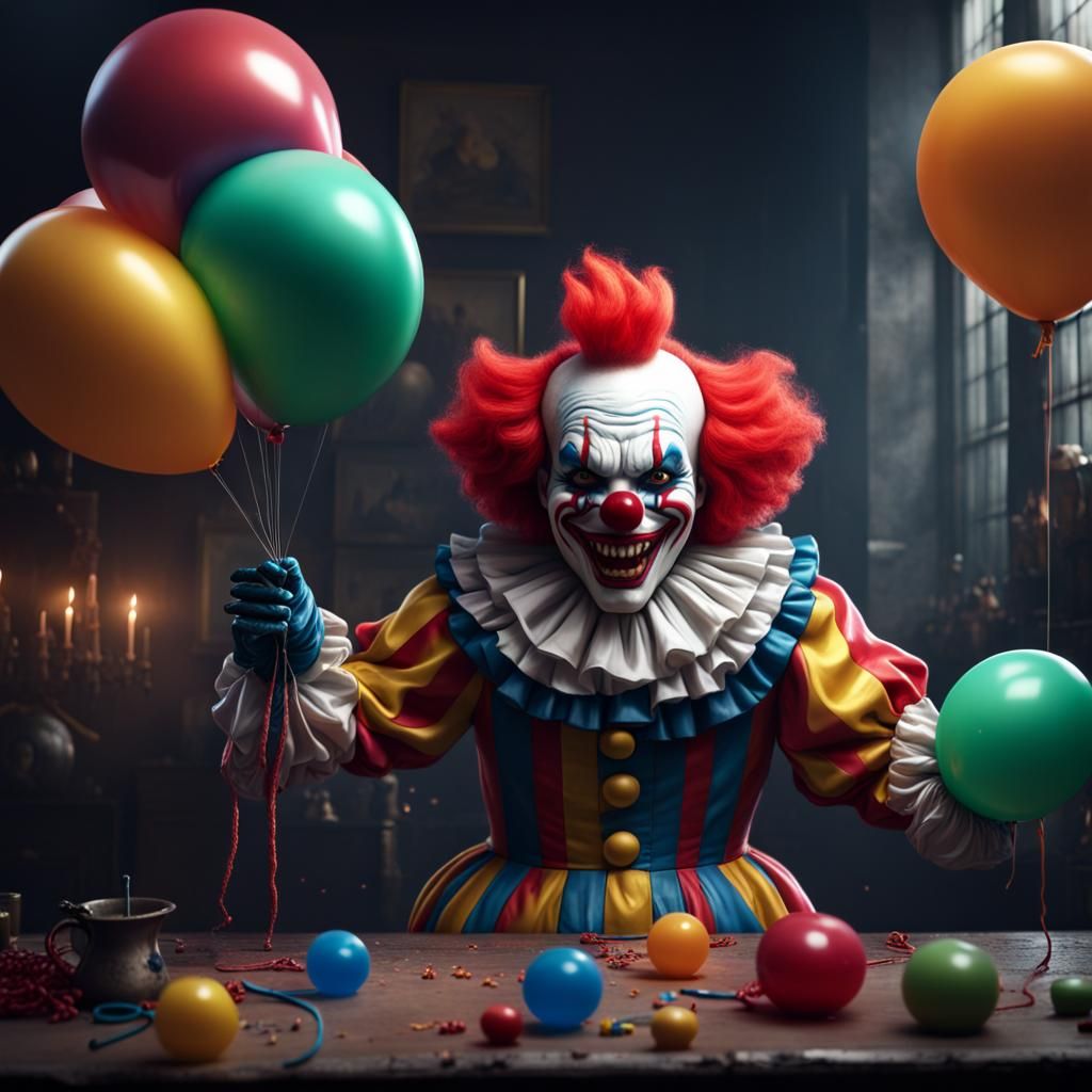 Evil Clown Creates Balloon Animal: Detailed Matte Painting