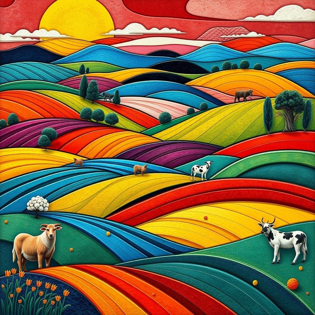 Abstract Farm Scene in Cubist Geometric Style
