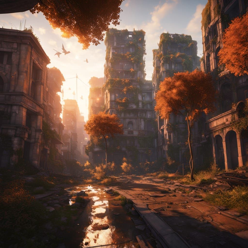 Epic Abandoned Metropolis Reclaimed by Nature in Golden Suns...