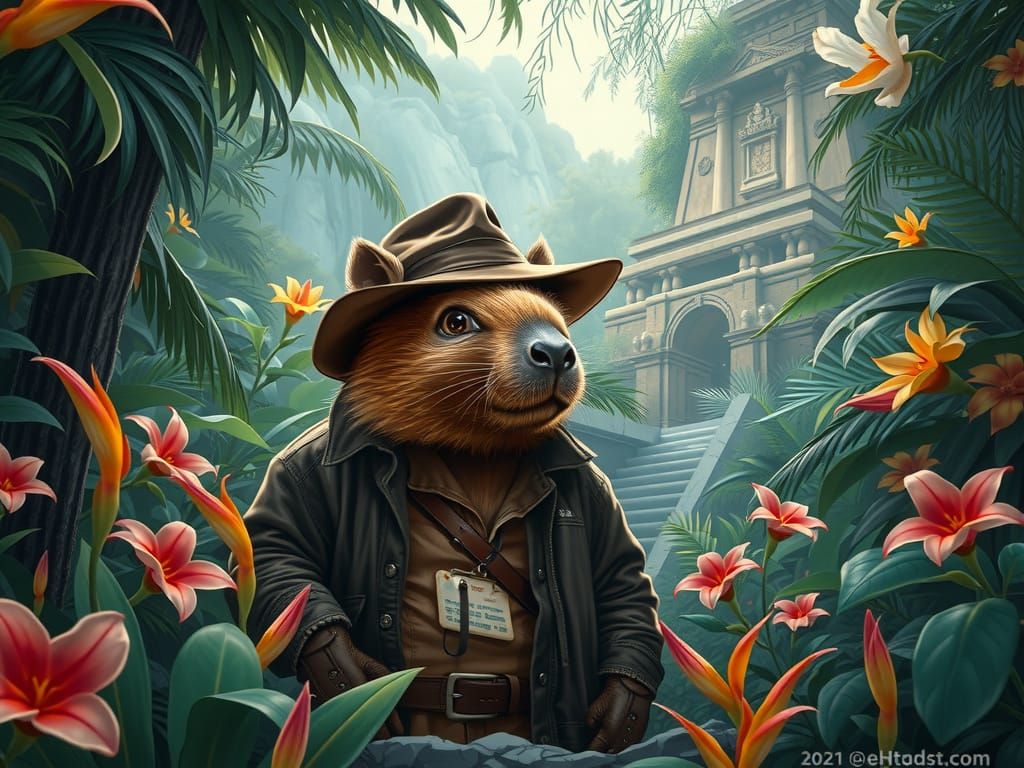 Capybara Indiana Jones Discovers Amazon Temple, Hyperrealist...