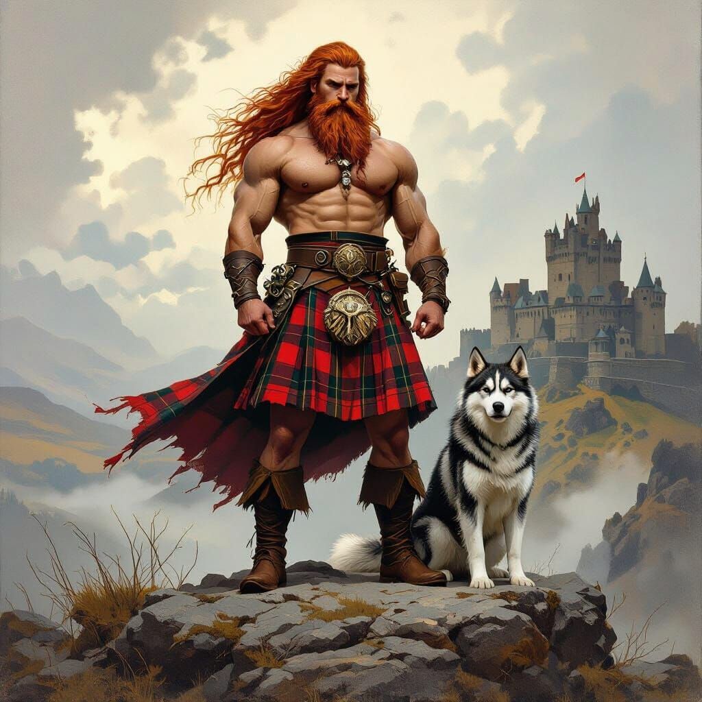Scottish Warrior with Husky, Fantasy Art