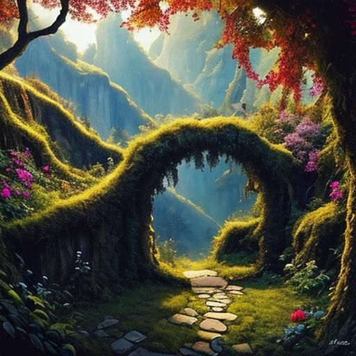 Mystical Garden Inside Mountain with Ethereal Mist