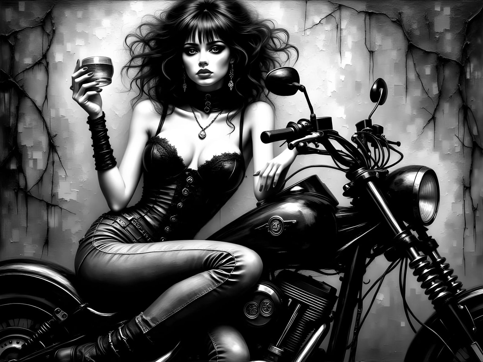 Elegant Women on a Black Motorcycle in a Surreal, Abstract S...