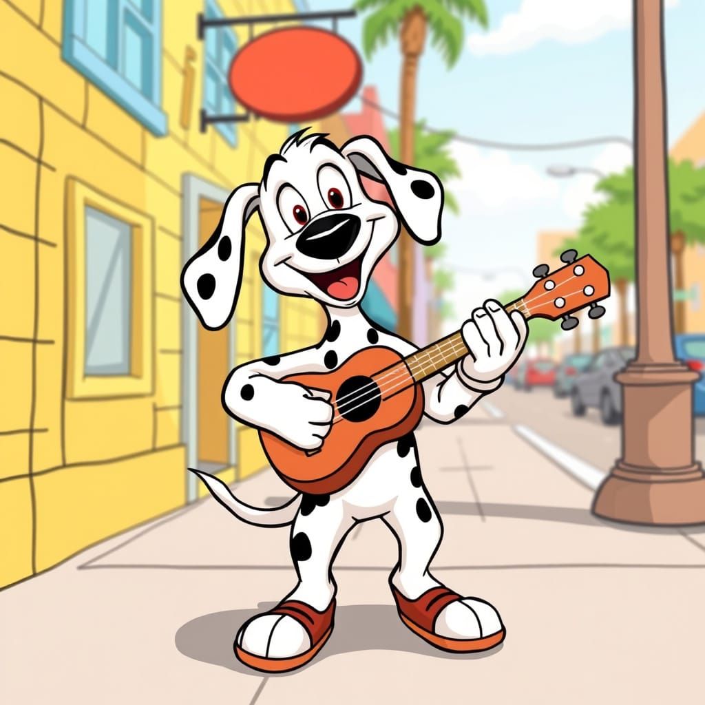 Dalmatian Puppy Plays Ukulele in Rubberhose Cartoon Style