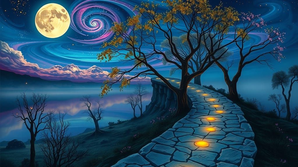 Ethereal Dreamscape Path Illuminated by Firefly Essence