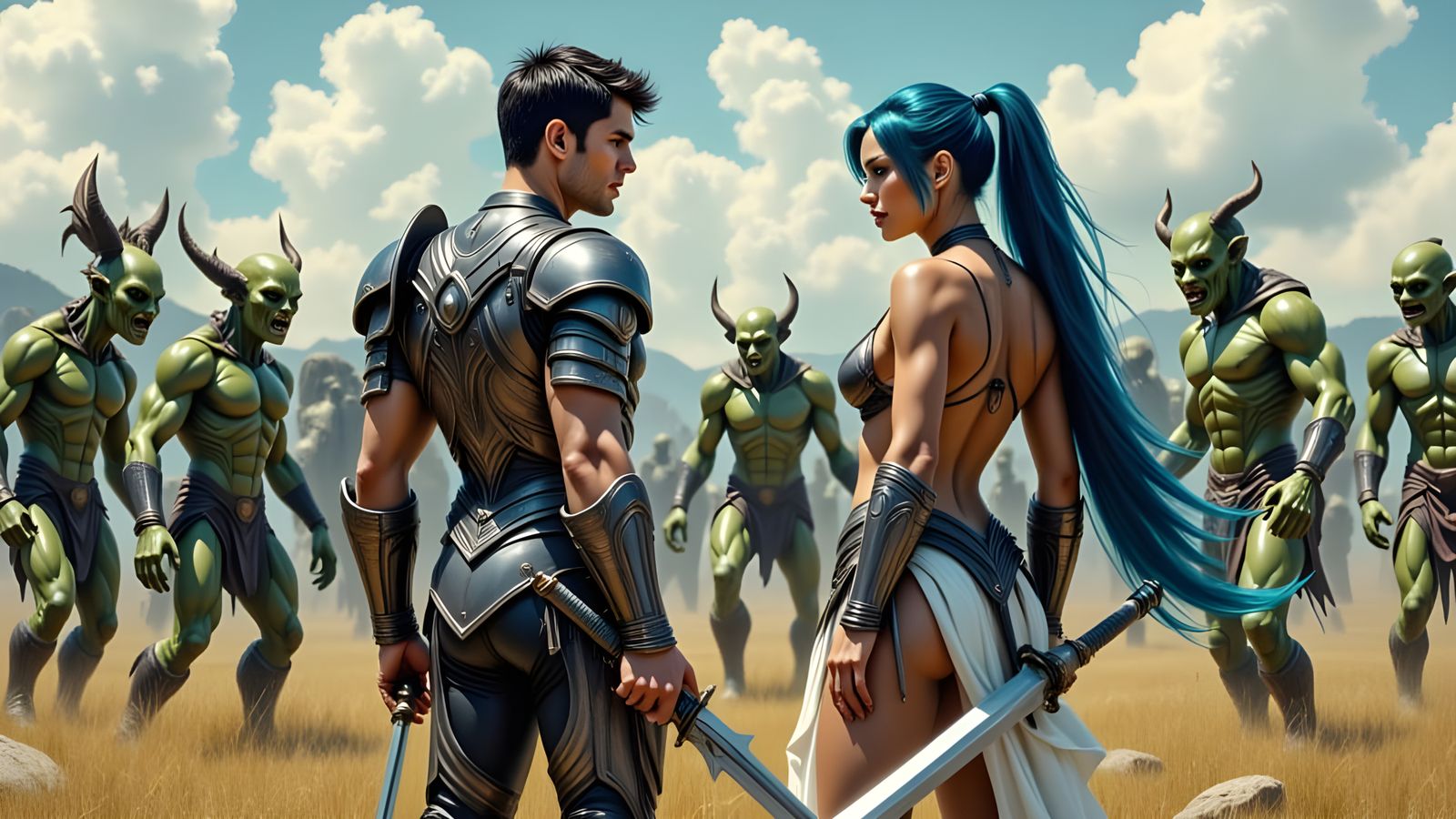 Surreal Fantasy Warriors Battle Horrific Trolls in Cyberpunk...