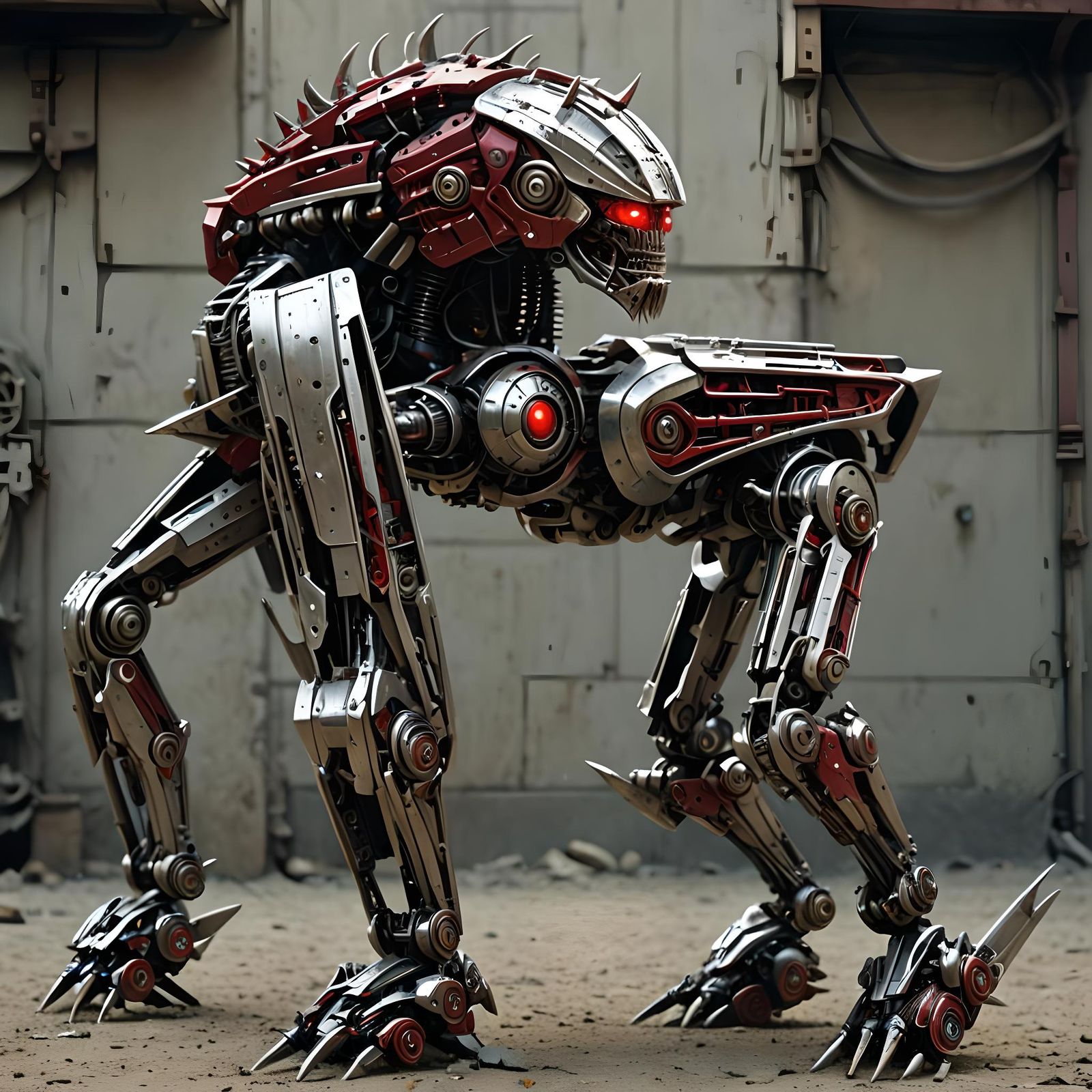 Hyperrealistic Four-Legged Robot Warrior with Spiked Shield