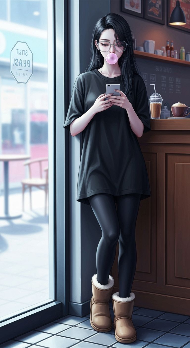 Anime Woman With Glasses Blowing Bubblegum