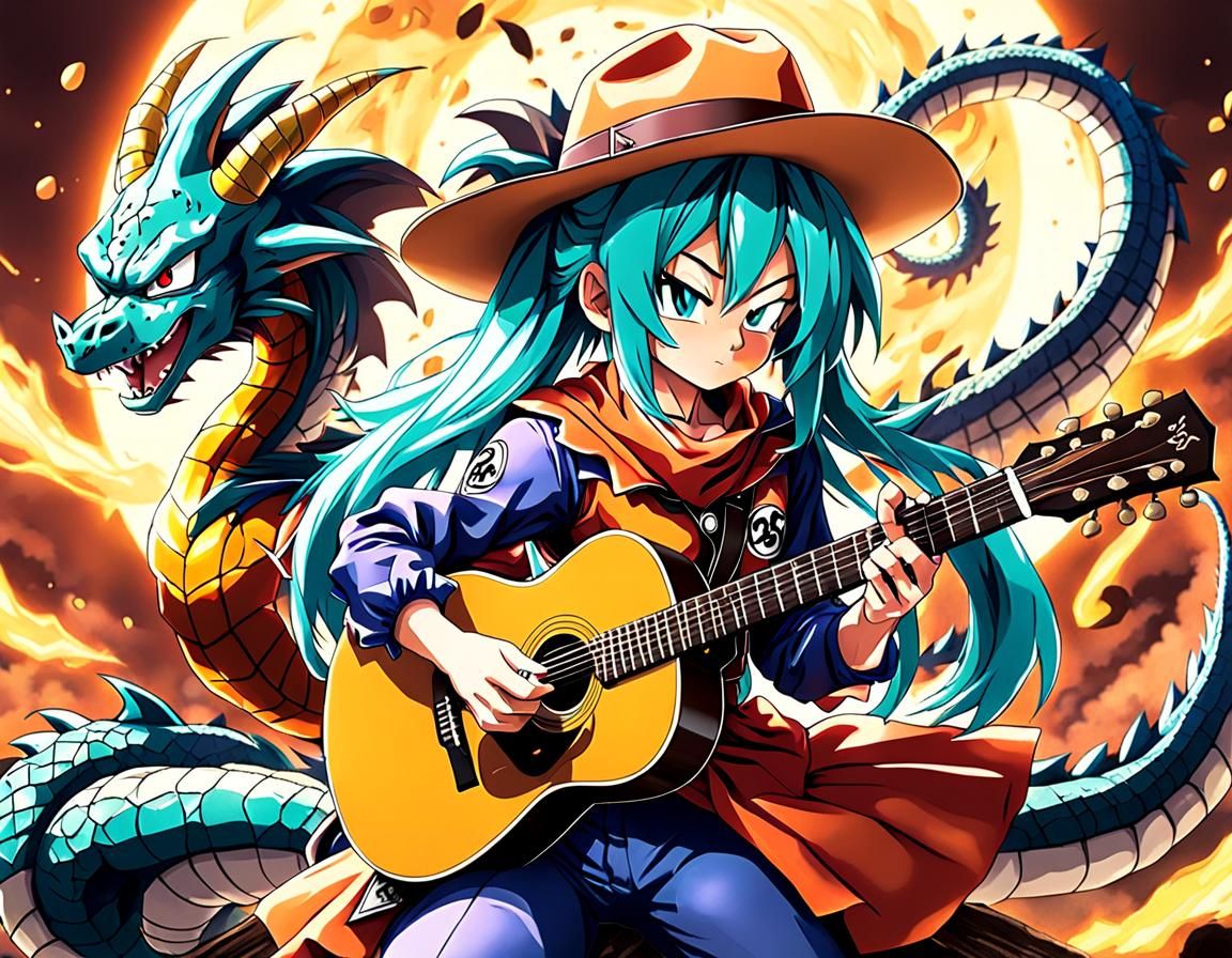 Anime Cowgirl Plays Guitar in Dragon Ball Style