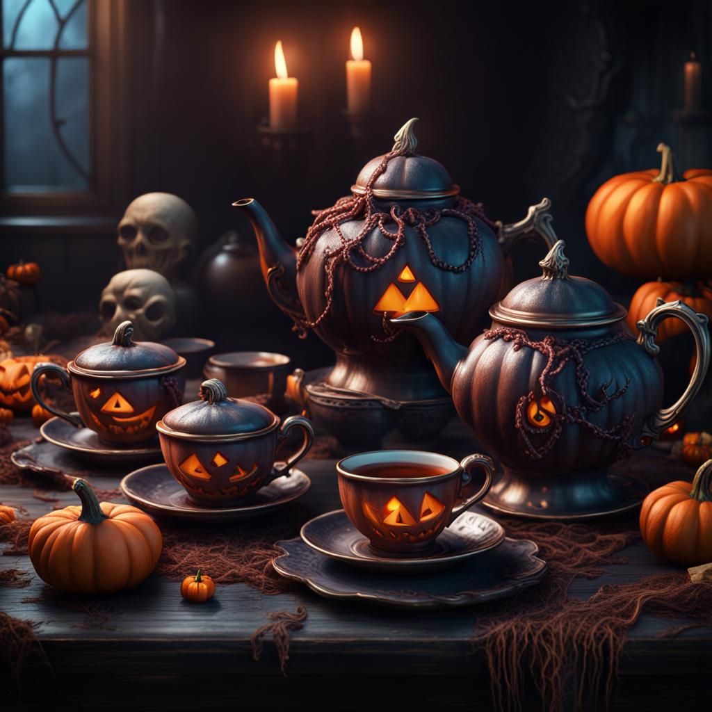 Scary Halloween Tea Set: Detailed Matte Painting