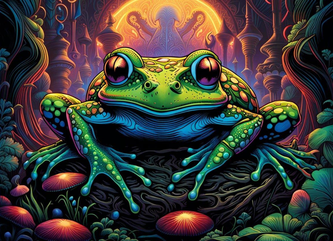 Iridescent Cyborg Frog in Art Nouveau Style